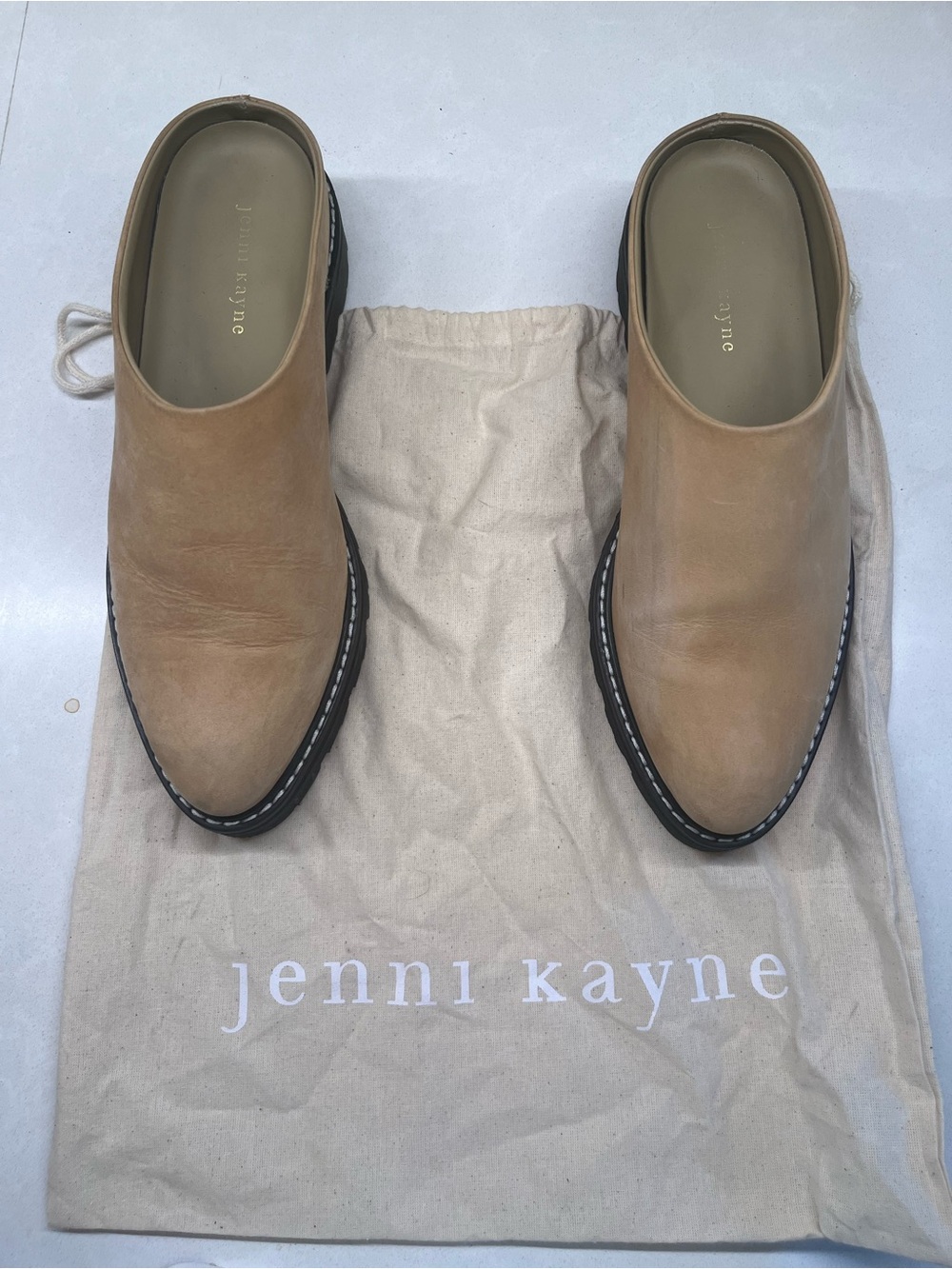 Jenni Kayne Tan Nubuck Slip-On Mules with Black Sole